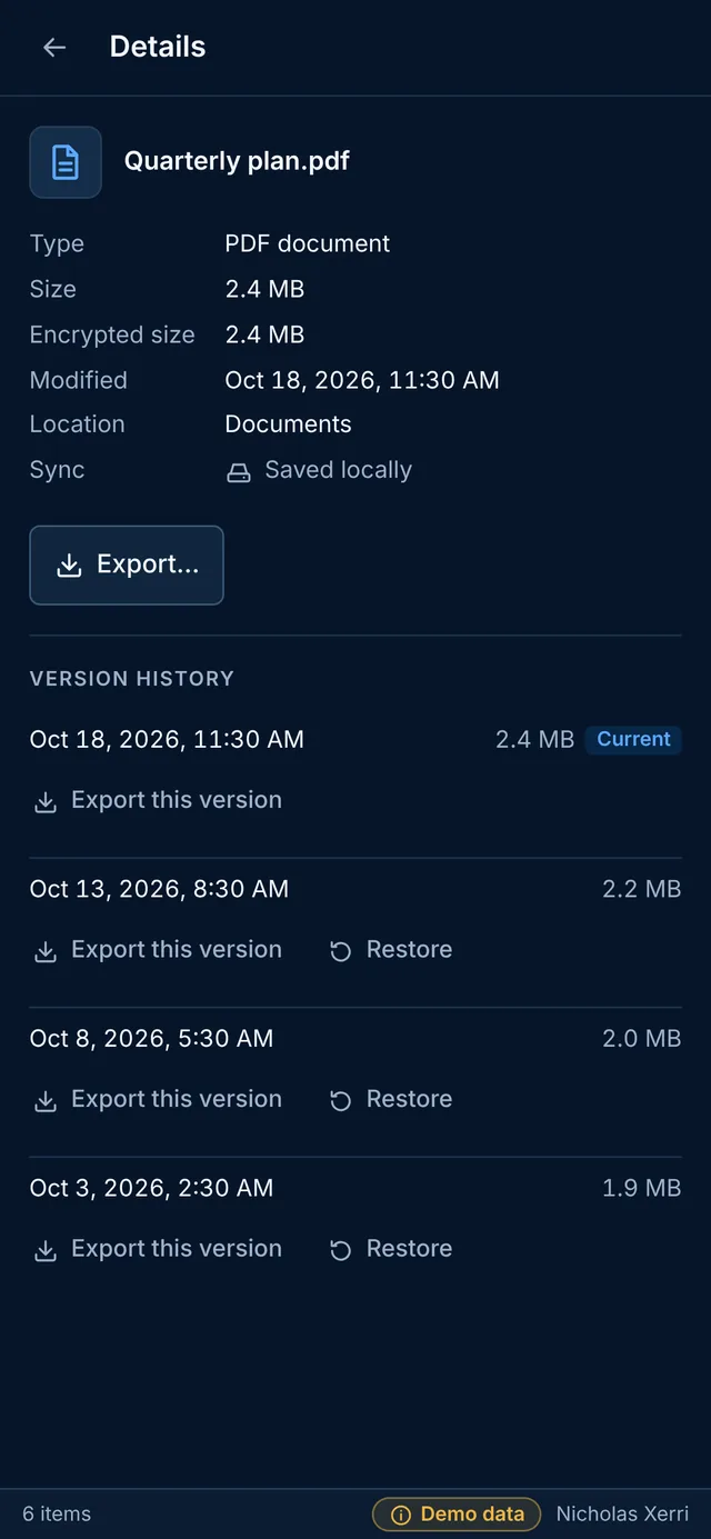 Sealkeep on a phone: the version history of one file.