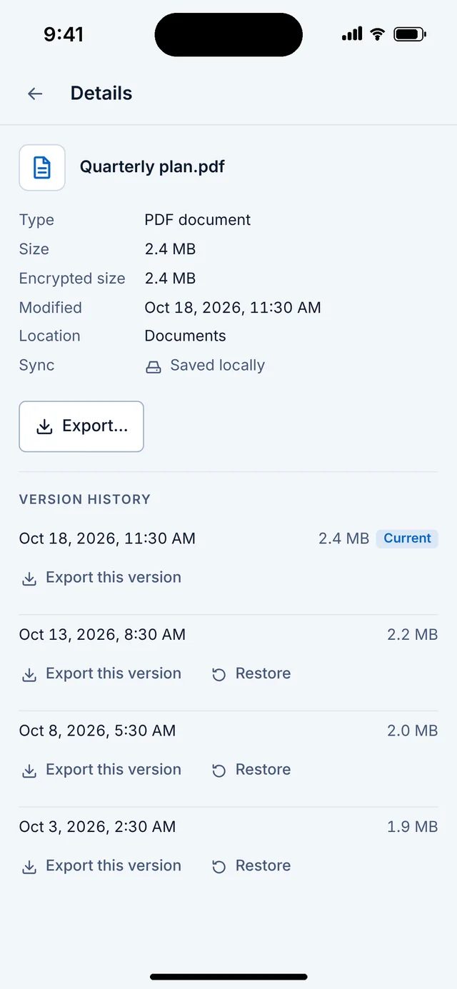 The version history of one file, with export and restore.
