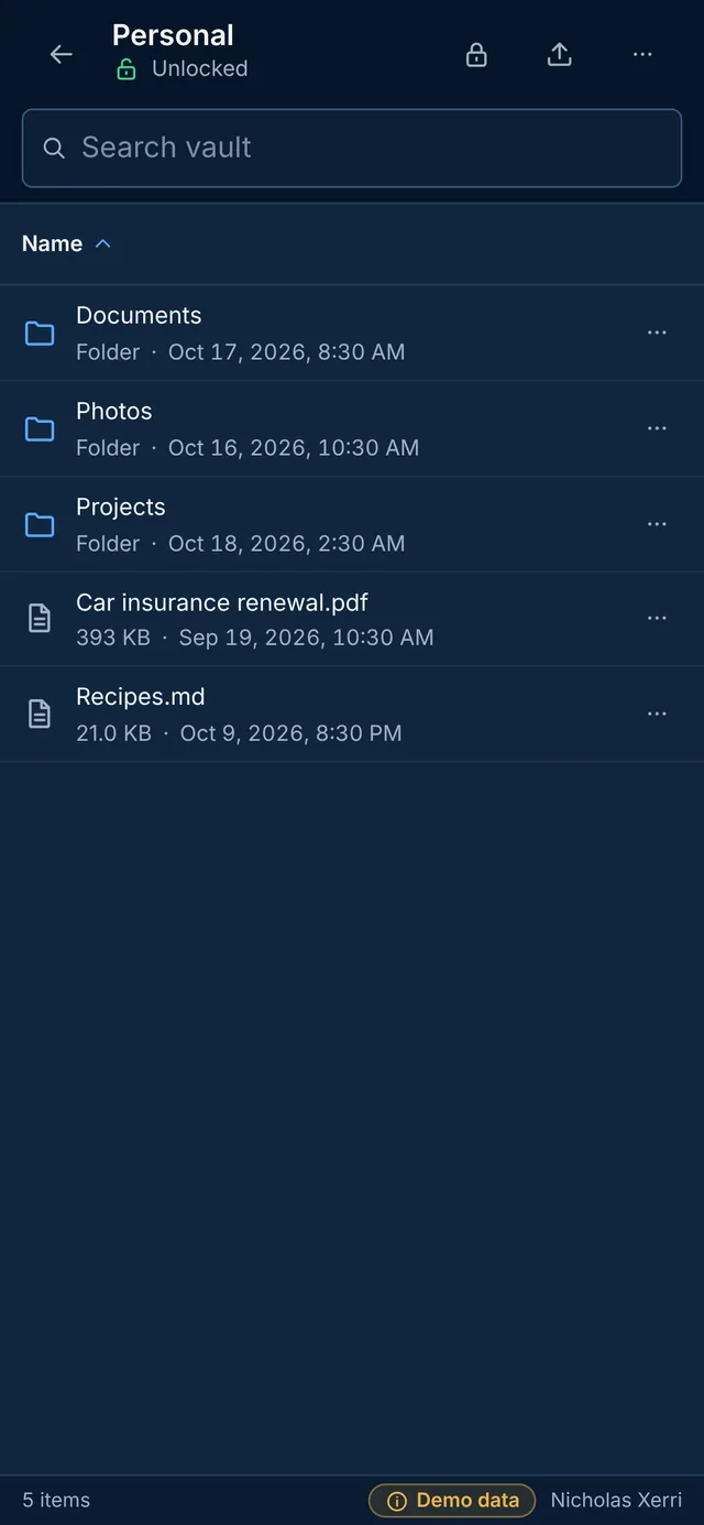 Sealkeep on a phone: the files in the unlocked Personal vault.