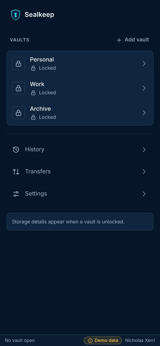 Sealkeep on a phone: three vaults, all locked.