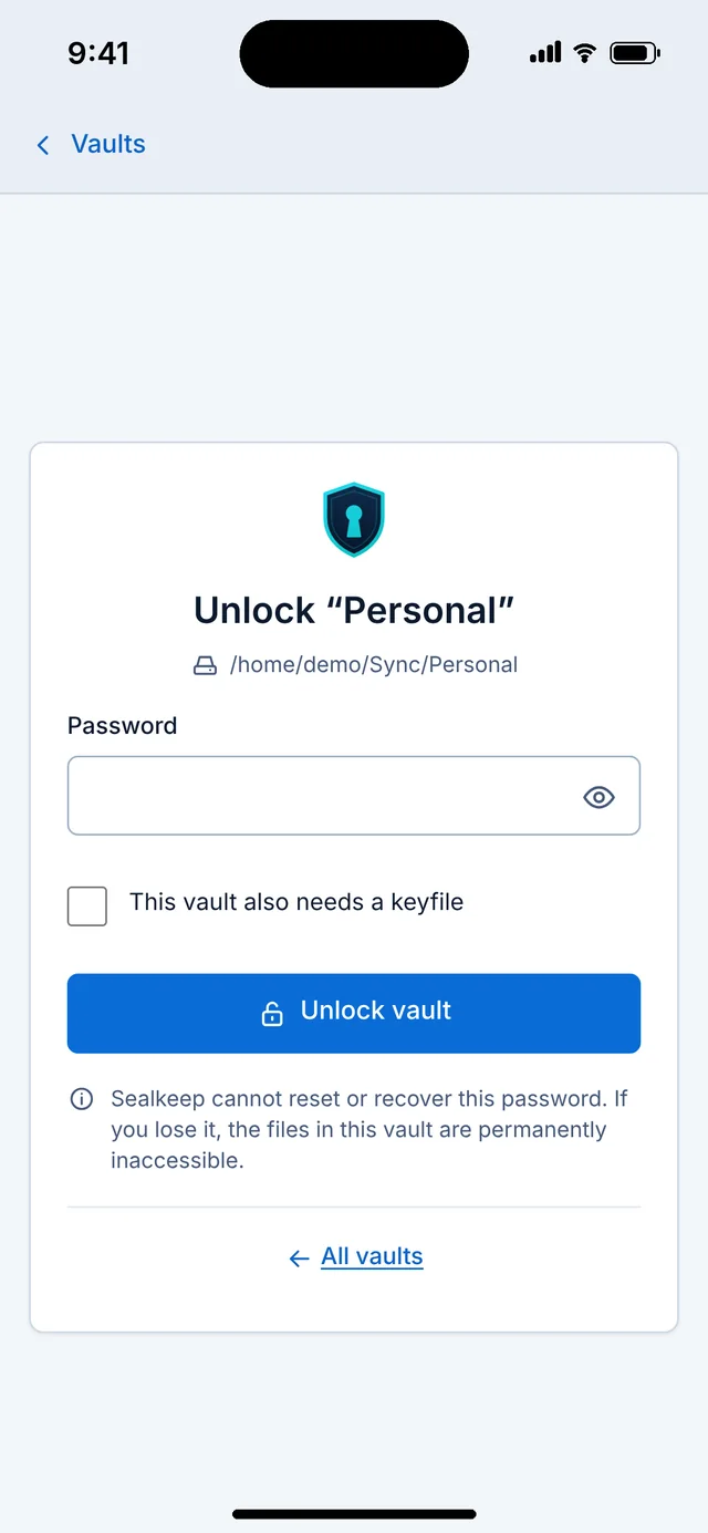 Unlocking a vault: password, optional keyfile, and a reminder that there is no reset.